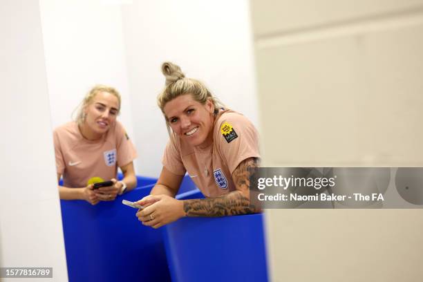 Alex Greenwood and Millie Bright of England pose for a photograph during a recovery session at Central Coast Stadium on July 29, 2023 in Gosford,...