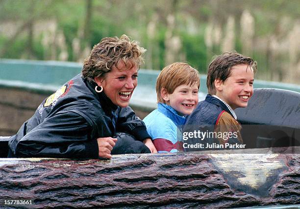 Diana Princess Of Wales, Prince William & Prince Harry Visit The 'Thorpe Park' Amusement Park.