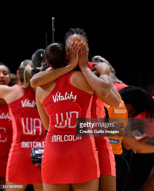 England players celebrates during the Netball World Cup 2023, Semi Final 1 match between England and New Zealand at Cape Town International...