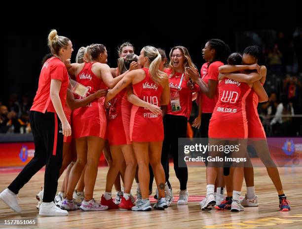 England players celebrates during the Netball World Cup 2023, Semi Final 1 match between England and New Zealand at Cape Town International...