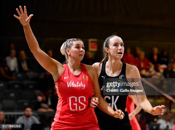 Eleanor Cardwell of England and Kelly Jury of New Zealand during the Netball World Cup 2023, Semi Final 1 match between England and New Zealand at...