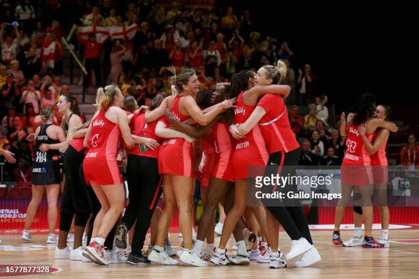 England players celebrate winning after the Netball World Cup 2023, Semi Final 1 match between England and New Zealand at Cape Town International...