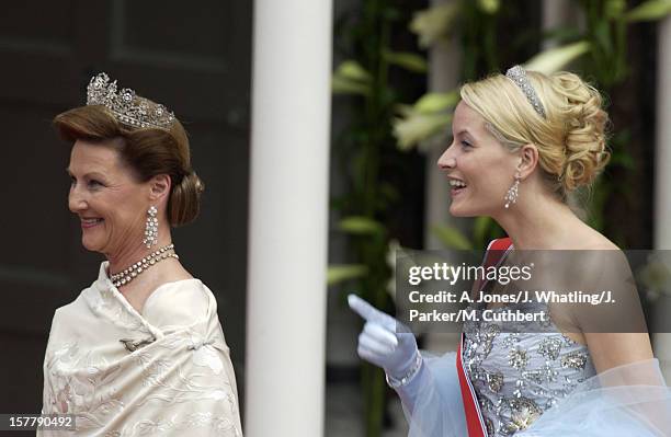 Queen Sonja And Crown Princess Mette-Marit At The Wedding Of Princess Martha Louise Of Norway And Ari Behn In Trondheim.