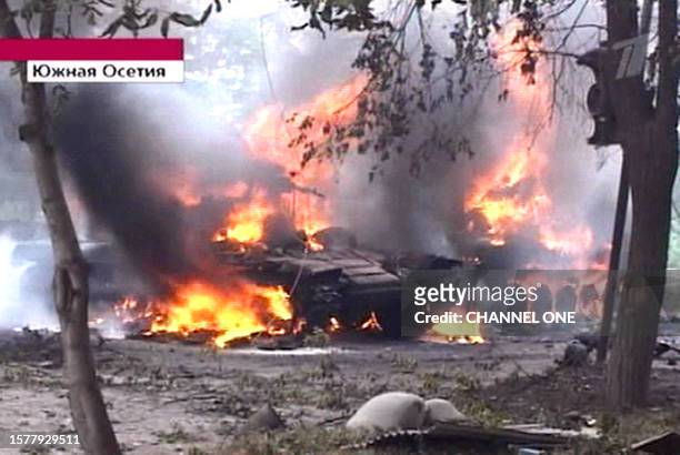 Russian Channel One television grab shows a Georgian tank burning in Tskhinvali on August 8, 2008. Russia's defence ministry said that more than 10...
