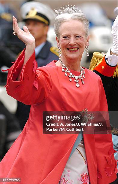 Queen Margrethe Ii Of Denmark Attends The Wedding Of Crown Prince Frederik & Mary Donaldson At The Vor Frue Kirke Catherdal In Copenhagen.