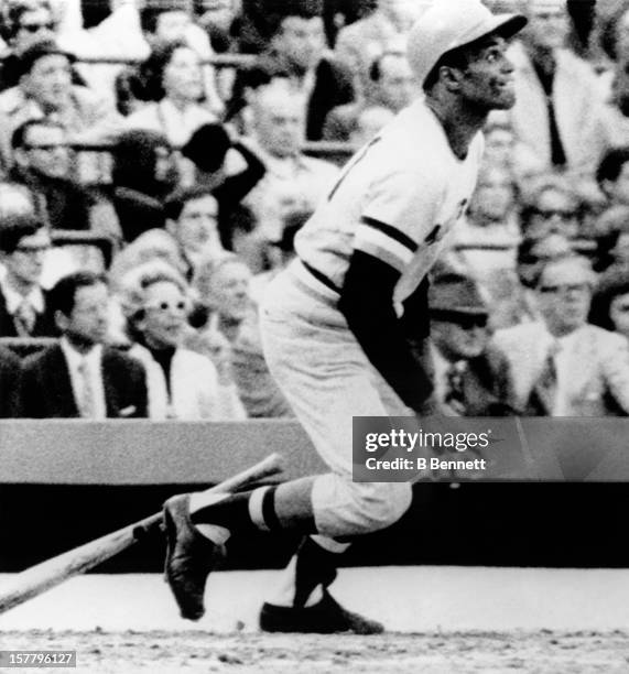 Roberto Clemente of the Pittsburgh Pirates homers in the forth inning against the Baltimore Orioles in Game 7 of the 1971 World Series on October 17,...