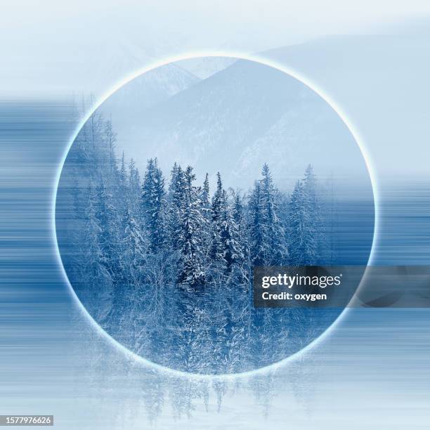 circle frame portal on metaverse with blue fir tree forest reflect on water lake surface background. glitched distorted winter forest art - neon square stock pictures, royalty-free photos & images