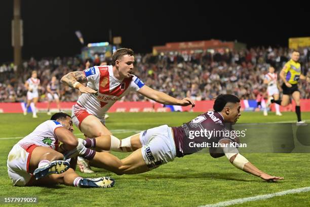 Tolutau Koula of the Manly Sea Eagles scoring a try during the round 22 NRL match between St George Illawarra Dragons and Manly Sea Eagles at WIN...