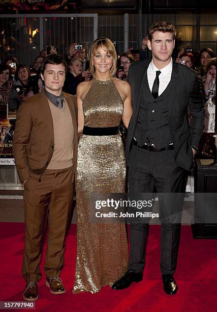 Josh Hutcherson, Jennifer Lawrence And Liam Hemsworth Arrives At The European Premiere Of 'The Hunger Games' At The O2 Arena On March 14, 2012 In...