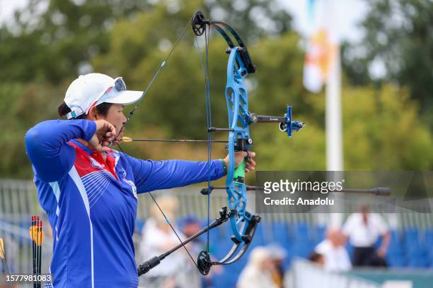 Chen Li Ju of Taiwan competes during compound bow quarter-finals at the 2023 World Archery Championships in Berlin, Germany on August 05, 2023. Ipek...