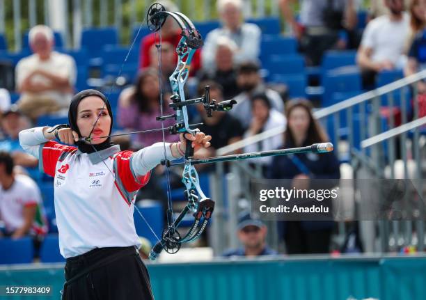 Ipek Tomruk of Turkiye competes during compound bow quarter-finals at the 2023 World Archery Championships in Berlin, Germany on August 05, 2023....