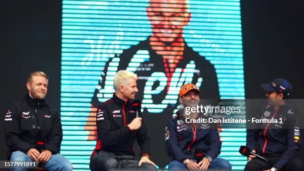 Kevin Magnussen of Denmark and Haas F1, Nico Hulkenberg of Germany and Haas F1, Max Verstappen of the Netherlands and Oracle Red Bull Racing and...