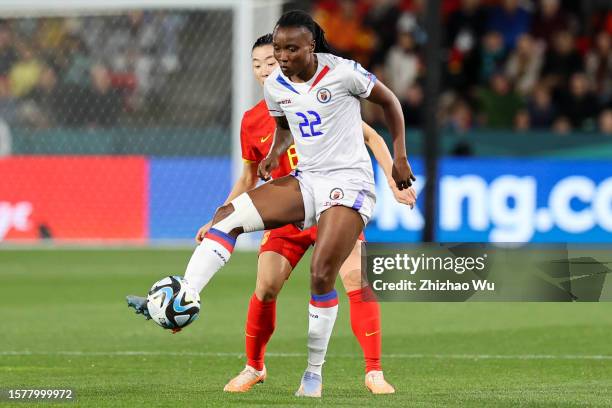 Roselord Borgella of Haiti competes for the ball during the FIFA Women's World Cup Australia & New Zealand 2023 Group D match between China and Haiti...