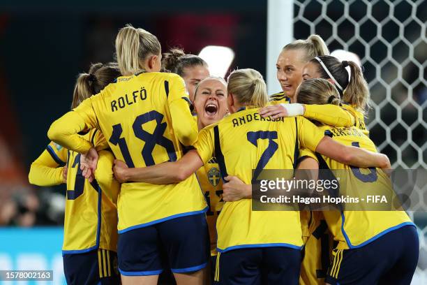 Amanda Ilestedt of Sweden celebrates with teammates after scoring her team's first goal during the FIFA Women's World Cup Australia & New Zealand...