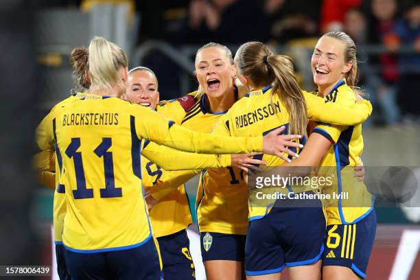 Fridolina Rolfo of Sweden celebrates with teammates after scoring her team's second goal during the FIFA Women's World Cup Australia & New Zealand...