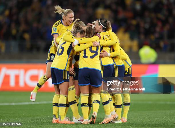 Sweden players celebrate the team's third goal scored by Stina Blackstenius during the FIFA Women's World Cup Australia & New Zealand 2023 Group G...