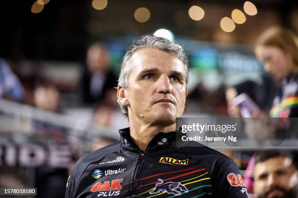 Coach of the Panthers Ivan Cleary looks on prior to the round 22 NRL match between Penrith Panthers and Cronulla Sharks at BlueBet Stadium on July...