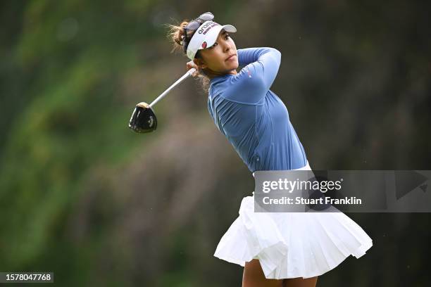 Alison Lee of the United States tees off on the 4th hole during the Third Round of the Amundi Evian Championship at Evian Resort Golf Club on July...