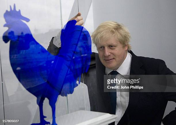 Mayor Of London Boris Johnson Stands With Models Of The Winning Commissions For The Fourth Plinth 'Powerless Structures, Fig. 101' And 'Hahn/Cock' At...