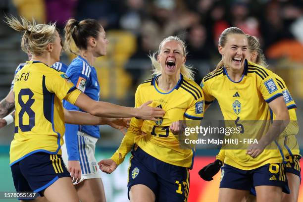 Amanda Ilestedt of Sweden celebrates with teammates after scoring her team's fourth goal during the FIFA Women's World Cup Australia & New Zealand...