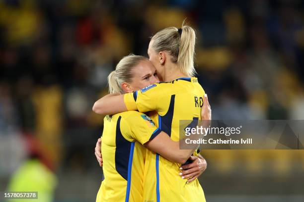 Jonna Andersson and Fridolina Rolfo of Sweden celebrate the team's fourth goal scored by Amanda Ilestedt during the FIFA Women's World Cup Australia...