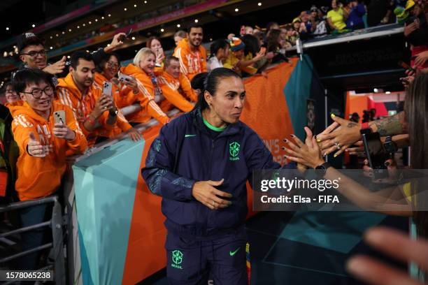 Marta of Brazil greets fans before the FIFA Women's World Cup Australia & New Zealand 2023 Group F match between France and Brazil at Brisbane...