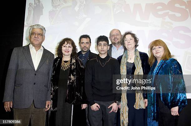 Om Puri, Producer Leslee Undwin, Emil Marwa, Aqib Khan, Director Andy De Emmony, Linda Bassett And Lesley Nicol At The Premiere Of West Is West, At...