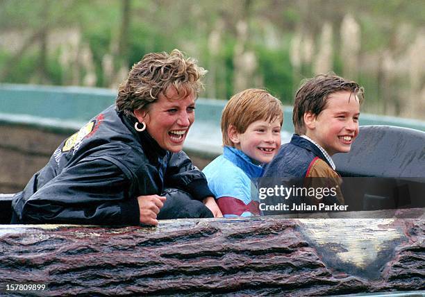 Diana, Princess Of Wales, Prince William And Prince Harry Visit 'Thorpe Park' Amusement Park.