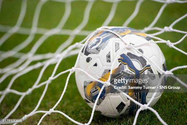Close-u of the new SPFL ball before a cinch Premiership match between Dundee and Motherwell at Dens Park, on August 05 in Dundee, Scotland.