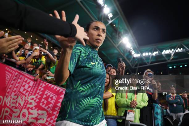 Marta of Brazil high fives with fans as she walks out for the warm up prior to the FIFA Women's World Cup Australia & New Zealand 2023 Group F match...