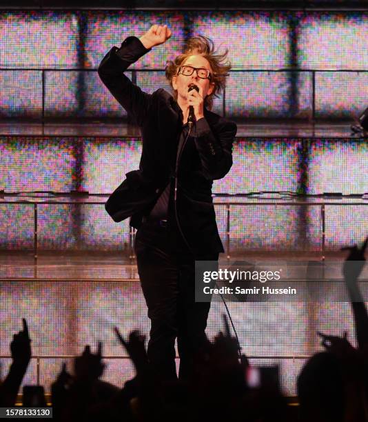 Jarvis Cocker of Pulp performs at Eventim Apollo on July 28, 2023 in London, England.