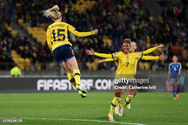 Rebecka Blomqvist of Sweden celebrates with teammates after scoring her team's fifth goal during the FIFA Women's World Cup Australia & New Zealand...