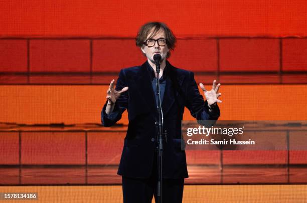 Jarvis Cocker of Pulp performs at Eventim Apollo on July 28, 2023 in London, England.
