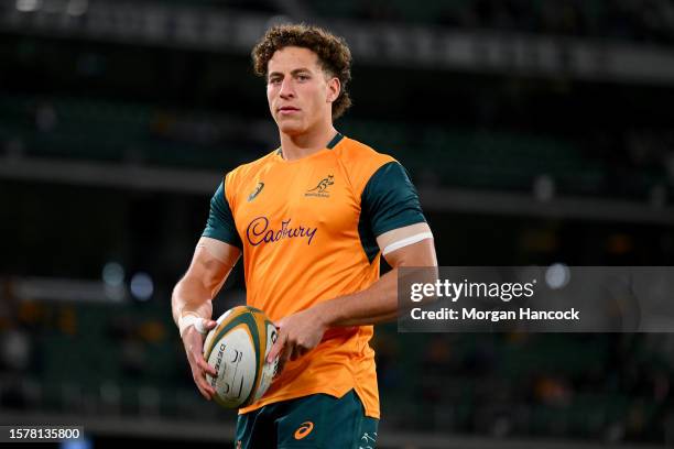 Mark Nawaqanitawase of the Wallabies warms up ahead of the The Rugby Championship & Bledisloe Cup match between the Australia Wallabies and the New...