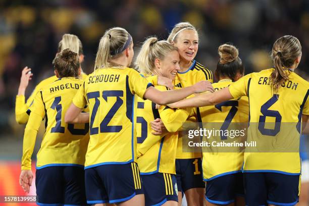 Rebecka Blomqvist of Sweden celebrates after scoring her team's fifth goal during the FIFA Women's World Cup Australia & New Zealand 2023 Group G...