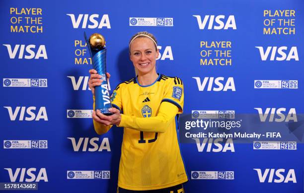 Amanda Ilestedt of Sweden poses for a photo with her VISA Player of the Match award after the FIFA Women's World Cup Australia & New Zealand 2023...