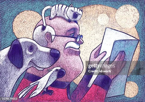 senior man reading with pets - cocoon animal stage stock illustrations