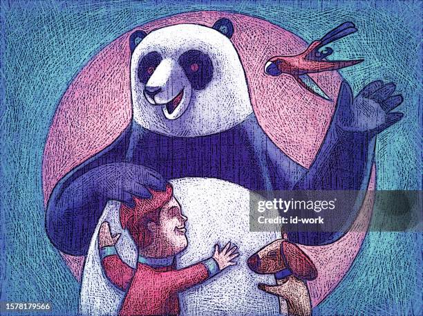 kid and dog hugging panda - bear hug stock illustrations