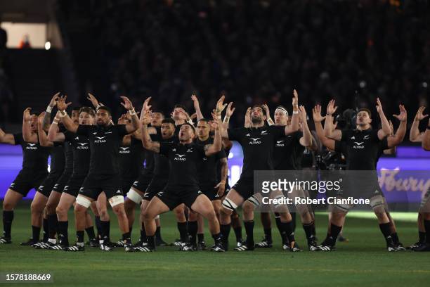 New Zealand perform the haka during the The Rugby Championship & Bledisloe Cup match between the Australia Wallabies and the New Zealand All Blacks...