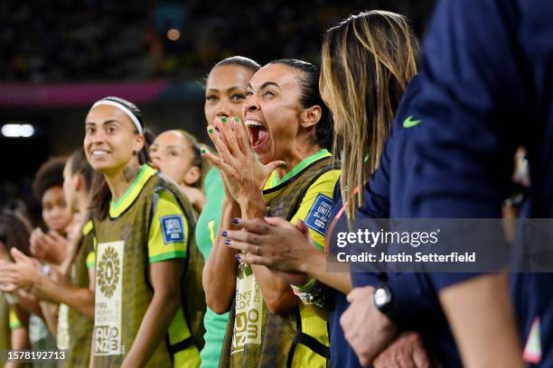 Marta and substitute players of Brazil line up for the national anthem prior to the FIFA Women's World Cup Australia & New Zealand 2023 Group F match...