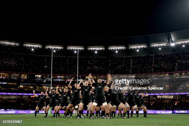 The All Blacks perform the haka during the The Rugby Championship & Bledisloe Cup match between the Australia Wallabies and the New Zealand All...
