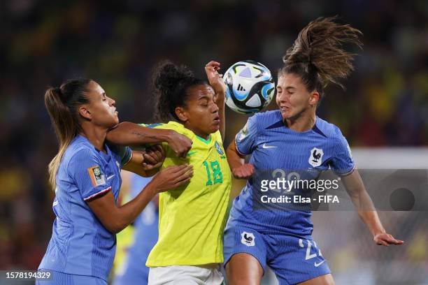 Geyse of Brazil competes for the ball against Eve Perisset of France during the FIFA Women's World Cup Australia & New Zealand 2023 Group F match...