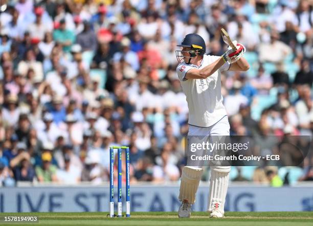 Zak Crawley of England hits a fou during Day Three of the LV= Insurance Ashes 5th Test Match between England and Australia at The Kia Oval on July...