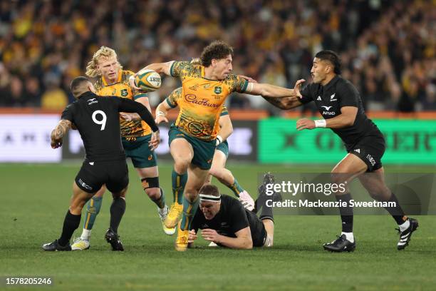 Mark Nawaqanitawase of the Wallabies runs with the ball during the The Rugby Championship & Bledisloe Cup match between the Australia Wallabies and...
