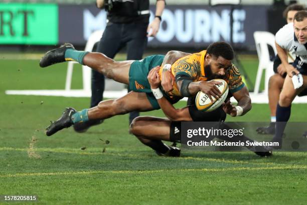 Marika Koroibete of the Wallabies attempts to score during the The Rugby Championship & Bledisloe Cup match between the Australia Wallabies and the...