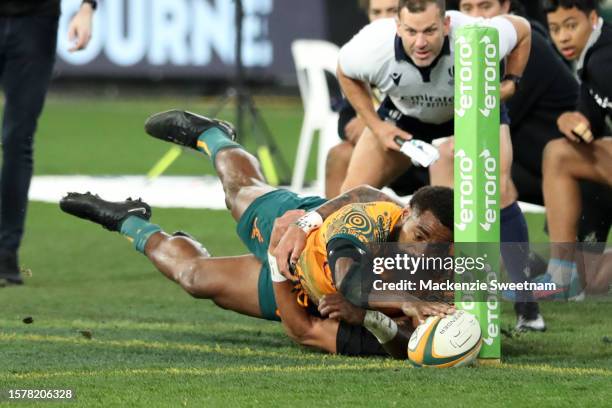 Marika Koroibete of the Wallabies attempts to score during the The Rugby Championship & Bledisloe Cup match between the Australia Wallabies and the...