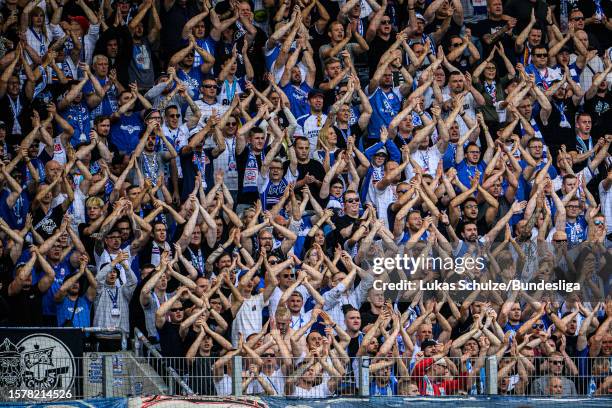 Fans of Rostock support their team during the Second Bundesliga match between SV Elversberg and F.C. Hansa Rostock at Ludwigsparkstadion on August 5,...