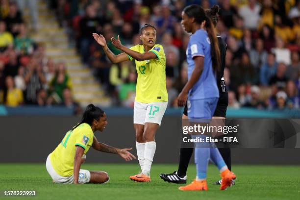 Ary Borges of Brazil protests to Referee Kate Jacewicz during the FIFA Women's World Cup Australia & New Zealand 2023 Group F match between France...