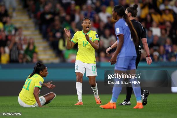 Ary Borges of Brazil protests to Referee Kate Jacewicz during the FIFA Women's World Cup Australia & New Zealand 2023 Group F match between France...