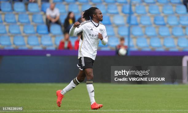 Eupen's Jason Davidson celebrates after scoring during a soccer match between KRC Genk and KAS Eupen, Saturday 05 August 2023 in Genk, on day 2/30 of...